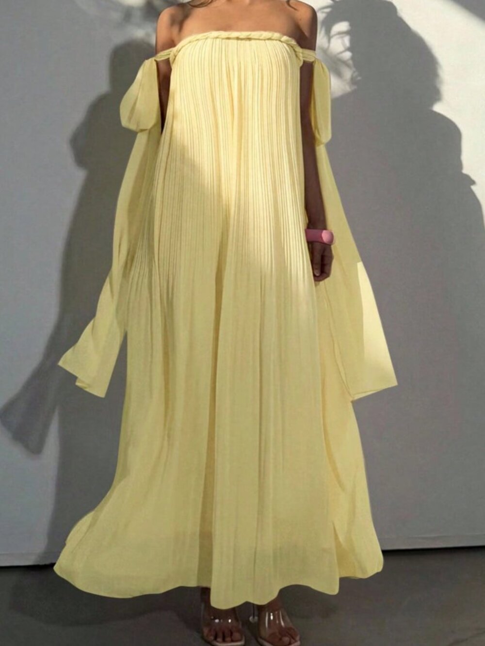 Light Yellow Bohemian Women's Off-Shoulder Chiffon Maxi A-Line Dress - Picture 5 of 8